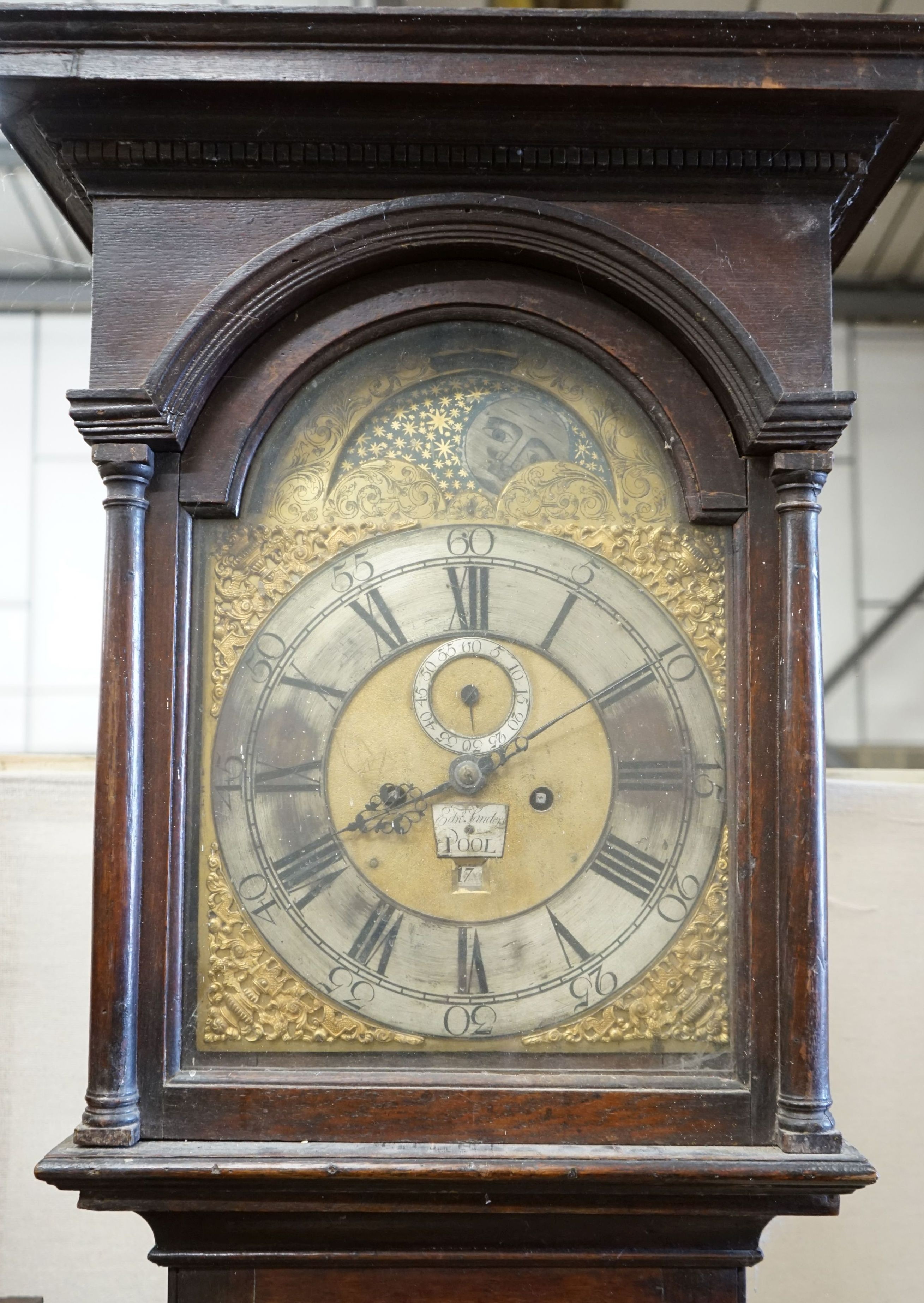 A George III oak 8 day moonphase longcase clock, marked Edward Sunders, Poole, height 217cm